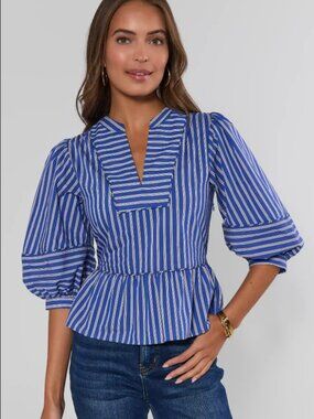 Avara Blue Striped Split Neck Peplum Top